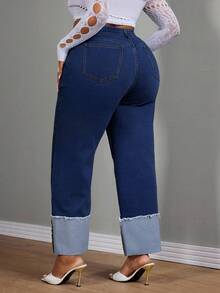 Slaydiva Denim Azul Slim Reto com Barra Dobrada Stretch Plus Size, Outono - Lavagem escura - Visão 2