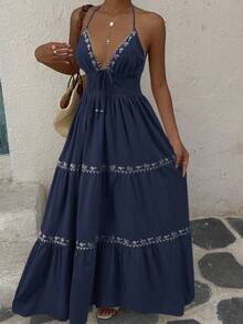 SHEIN EZwear 藏蓝色梭织休闲度假刺绣吊带连衣裙，女士，春夏款 - 藏蓝色 - 查看 3