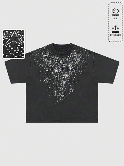 ROMWE MEN Men's Round Neck Rhinestone Five-Pointed Star Graphic Casual Daily Washed Short Sleeve T-Shirt Spring/Summer