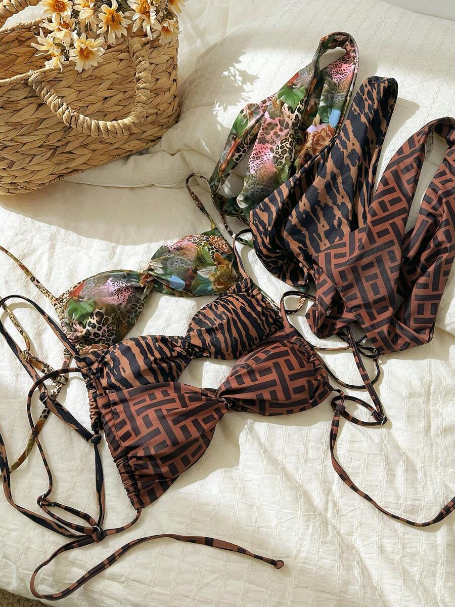 Elavelle Springbreak Women's Random Print Tie-Knot Spaghetti Strap High Cut Sexy Bikini Set For Summer - Multicolor - View 1