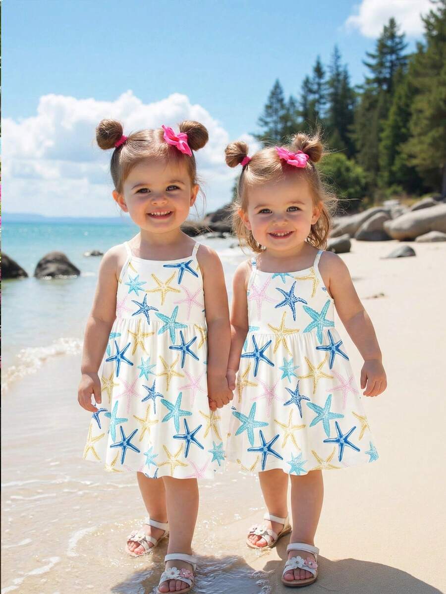 1件女婴（6个月-2-3岁）彩色海星印花无袖连衣裙，轻盈可爱，适合海滩度假和夏季穿着 - 彩色 - 查看 1