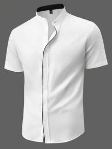 Manfinity Mode Men's White Stand Collar Short Sleeve Single-Breasted Casual Business Shirt - White - View 1
