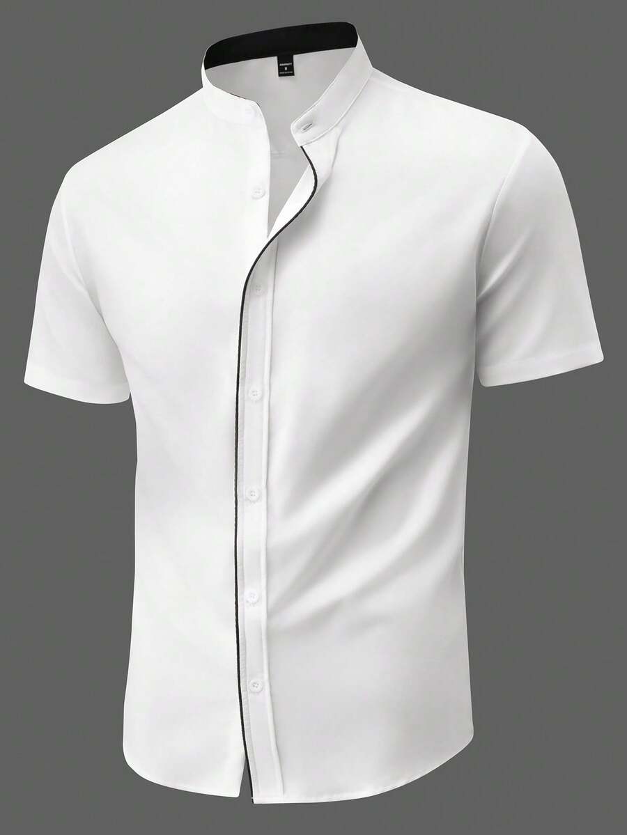 Manfinity Mode Men's White Stand Collar Short Sleeve Single-Breasted Casual Business Shirt - White - View 1