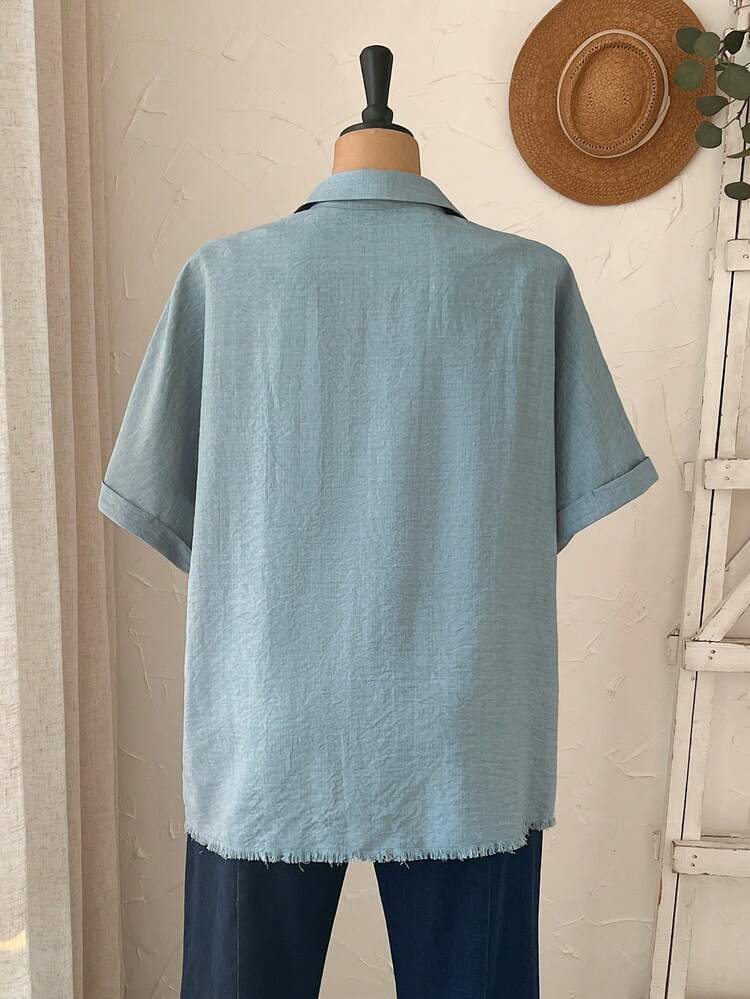 Plus Size Women's Blue Bat Sleeve Single-Breasted Casual Shirt For Summer/ Vacation Summer Top Summer Summer Spring Spring Women Spring Country Style For Women