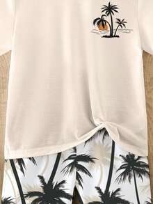 SHEIN Streecool Kids 2pcs/Set Toddler Boys' Casual Creative Coconut Tree, Sunset, Wave Graphic Print Short Sleeve T-Shirt And Shorts, Comfortable Daily Outfit, Suitable For Spring, Summer And Autumn - Multicolor - View 8
