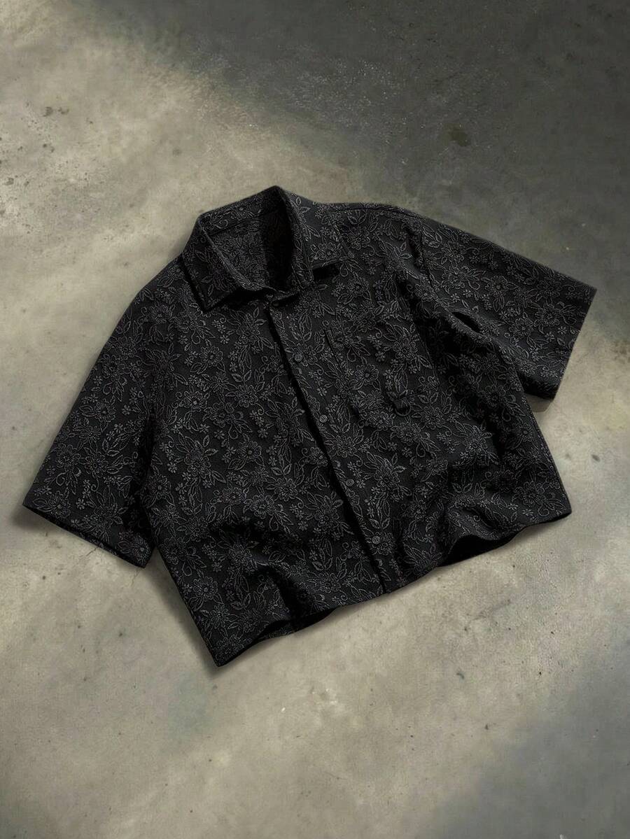 SWAVVY Men's Fashionable Jacquard Short Sleeve Shirt, Spring/Summer - Black - View 1