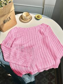 SHEIN EZwear 大码女式针织休闲度假纯色半透明毛衣，秋季款 - 粉色 - 查看 3