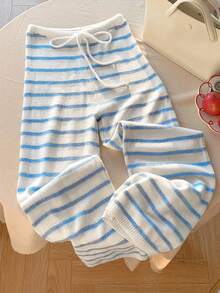 Comfortcana Women's Casual Vacation Drawstring Waist Striped Knit Pants - Blue and White - View 5