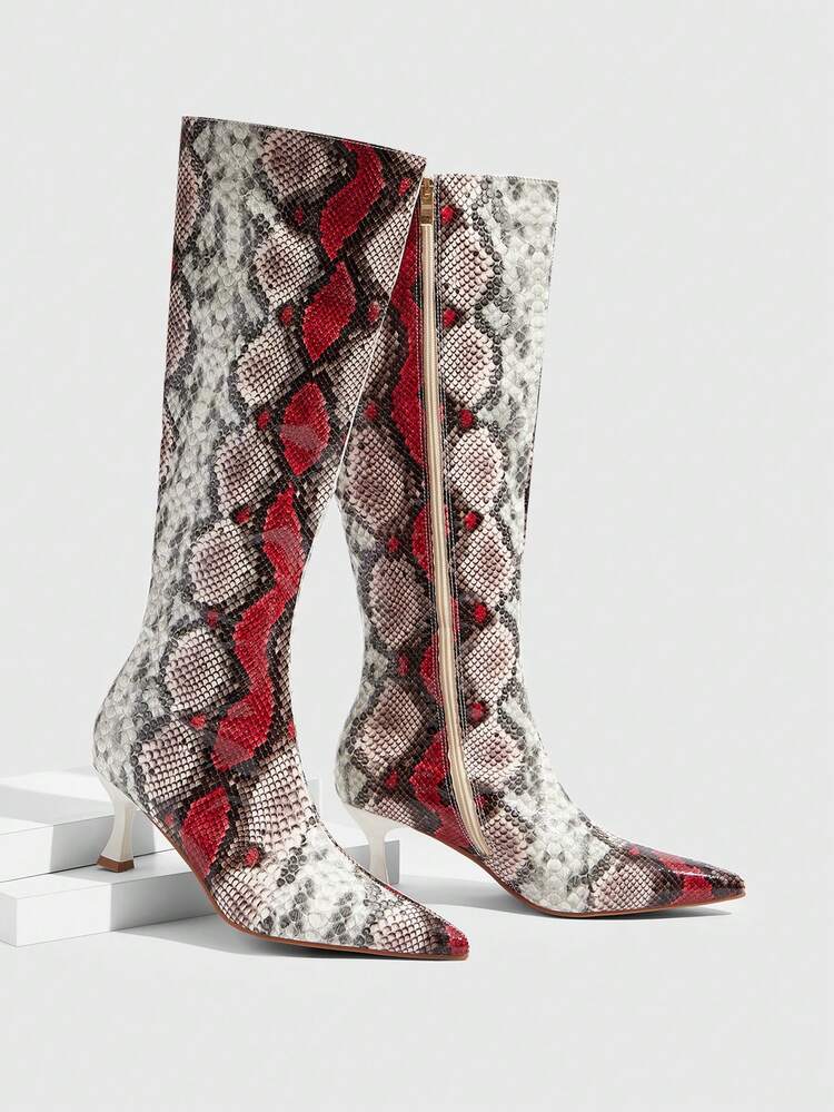 CUCCOO SZL Women's Fashion Pointed Toe Snakeskin Pattern Minimalist Elegant Versatile Side Zipper Stiletto Knee-High Boots For Christmas Valentine's Day