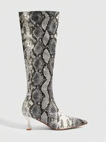 CUCCOO SZL Giày bốt cao đến đầu gối mũi nhọn họa tiết da rắn tối giản thanh lịch đa năng dành cho nữ, khóa kéo bên hông, kiểu dáng stiletto, thích hợp cho mùa Giáng sinh. - Đen và trắng - Xem 7