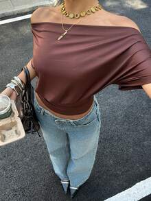 Siren Gaze Women's Off Shoulder Short Sleeve Top, Open Shoulder One-Piece T-Shirt, Versatile Wear - Brown - View 8