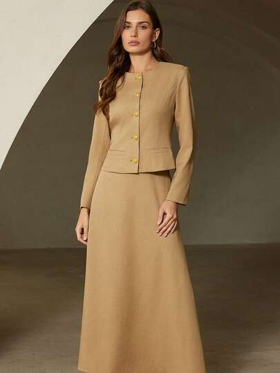 Revavyn Elegant And Dignified Women's Commuter Outfit - Round Neck Cinched Waist Jacket With Metallic Buttons Paired With A-Line Midi Skirt
