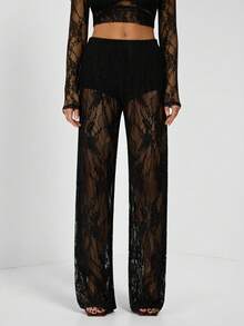 SHEIN Tall Pantalones largos de encaje transparente de unicolor para mujer, pantalones de moda, atuendos de vacaciones para mujer, pantalones transparentes de encaje, conjunto de encaje para mujer, atuendos de vacaciones para mujer - Negro - Ver 11