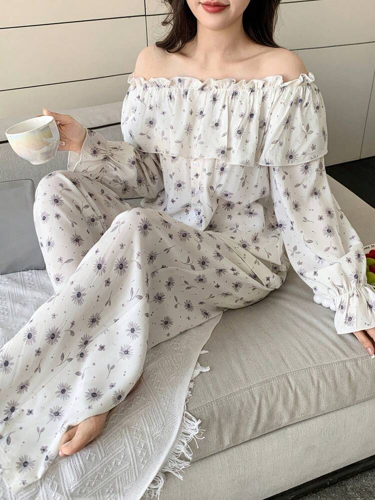Romantic Floral Off-Shoulder Ruffle Trim Women Pajama Set