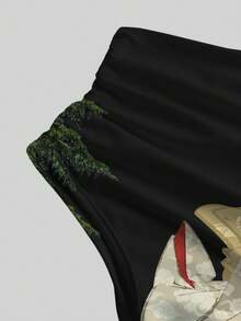 ROMWE Avant 性感时尚新款中国书法竹子斜肩褶皱印花女式T恤 - 黑色 - 查看 3