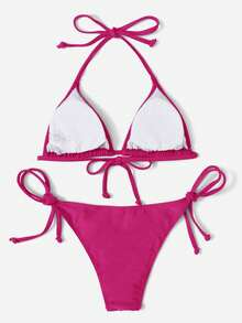 SHEIN Swim Vcay Bộ bikini đơn giản, màu trơn, hở lưng, buộc dây phía trước dành cho nữ, thích hợp cho kỳ nghỉ biển. - Màu Hồng Tươi - Xem 2
