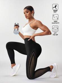 Gameset SHEIN Sport Legging Yoga Jala Elastis Bernapas untuk Wanita - Hitam - View 4