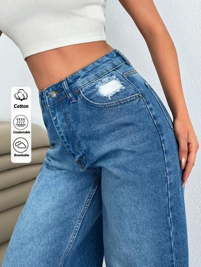SHEIN Jeans de pierna ancha de mezclilla desgastados de moda casual y de uso diario para mujeres, 100% algodón