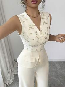 Elenzga Bộ trang phục nữ mùa xuân/hè thích hợp đi chơi, hẹn hò, đón năm mới, lễ tình nhân, lễ Phục sinh, Ngày của Mẹ, đám cưới Trung Đông, phong cách cổ điển thanh lịch, trang phục thường ngày tối giản, kỳ nghỉ lãng mạn, áo không tay cổ chữ V thêu hoa phối lưới + quần ống đứng có túi, màu vàng nhạt. - Vàng nhạt - Xem 3