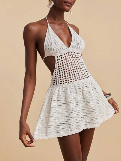 Travachic 露背性感度假纯色吊带镂空针织连衣裙，性感派对约会海滩度假夏季装扮，适合度假约会、下午茶、婚礼季、海滩游轮度假、城市自驾游度假、波西米亚风度假、音乐节等场合。