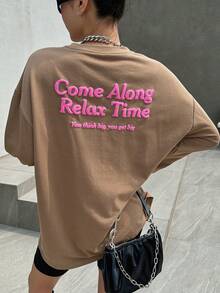 DAZY Women T-Shirts Huruf Slogan Casual - Coklat - View 5