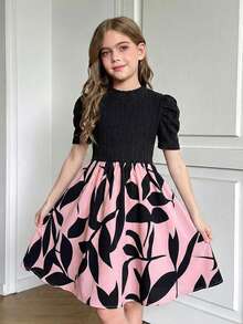 SHEIN Đầm ngắn tay phồng cổ tròn họa tiết hoa phối hợp cho bé gái tuổi teen - màu đen - Xem 7