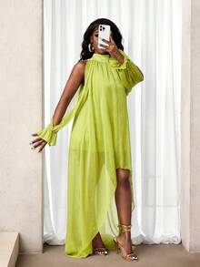 BamGleam 女士荧光绿露肩不对称下摆宽松连衣裙 - 綠色 - 查看 6