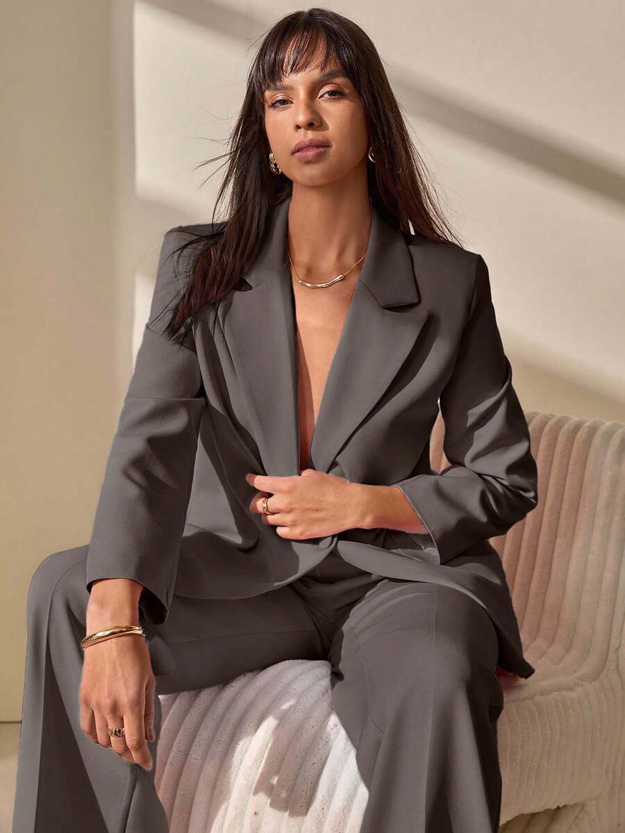 CLARA VERO Blazer With Single Button Closure And Flap Pockets, Paired With Matching High-Waist Trousers, Elegant Two Pieces Suit Set - Grey - View 1