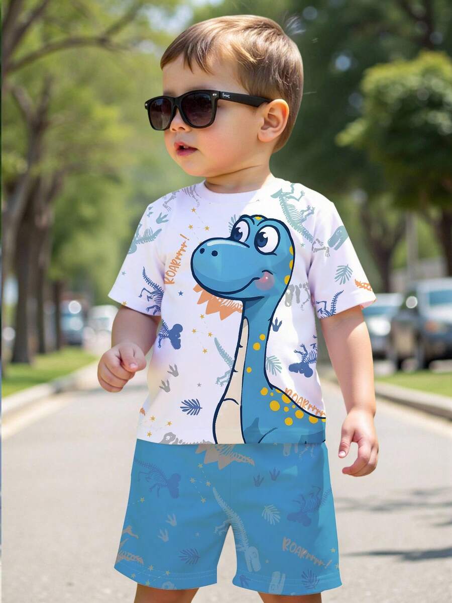 一套幼儿可爱白色和蓝色恐龙印花短袖短裤套装，非抓绒材质。适合日常玩耍，春夏户外穿着。 - 彩色 - 查看 1