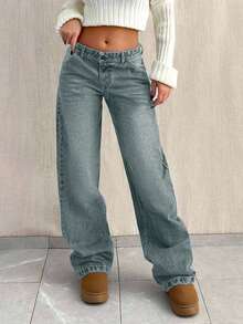 EURMUSE TALL SIZE LOW WAIST BAGGY LOOSE STRAIGHT LEG JEAN - Dusty Blue - View 3