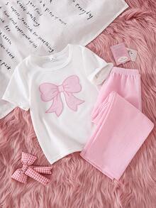 Girls Toddler Pink Plaid Applique Embroidery White Short Sleeve Regular T-Shirt Paired With Pink Plaid Casual Pants Pajama Set, Loungewear - Multicolor - View 1