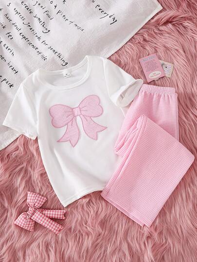 女童粉色格子贴花刺绣白色短袖常规T恤搭配粉色格子休闲裤睡衣套装，家居服