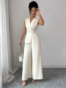 Elenzga 女士杏色纯色V领西装外套，领口腰带设计，优雅职业装，适合工作、会议、教师、学校、情人节、劳动节、复活节、旅行、春夏新款时尚必备无袖宽松直筒连体裤