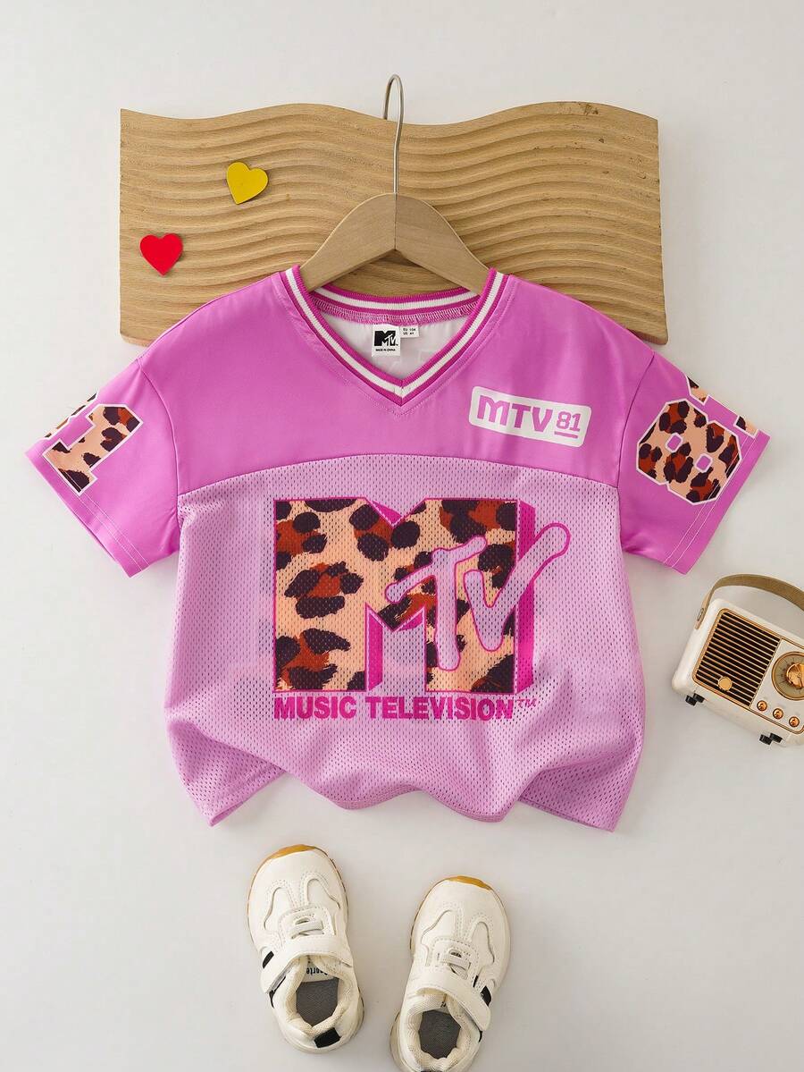MTV | SHEIN 女童夏季休闲网眼拼接豹纹字母V领短袖T恤 - 粉色 - 查看 1