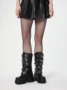 ROMWE Grunge Punk 女士靴子 - 2025 新款，英伦风深色 PU 铆钉搭扣方头厚底中筒摩托车靴，冬季骑行靴 - 黑色 - 查看 2