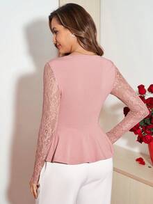 Amorya 女士优雅派对蕾丝拼接腰部T恤夏季上衣粉色上衣情人节春夏 - 粉色 - 查看 2