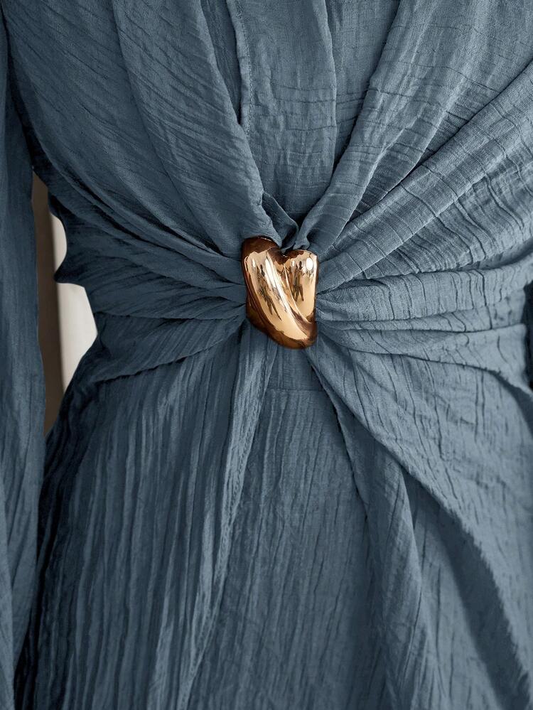 New Design Asymmetrical Long Sleeve Waist Ruched Twist Metal Buckle Decor Elegant Lightweight Flowy Dress, Suitable For Gatherings - Blue - View 6