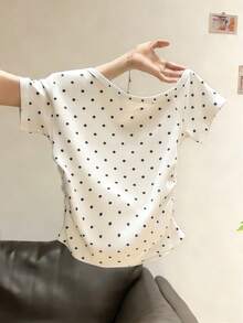 Resyla 女士黑白波点露肩短袖T恤，修身短款上衣 - 白色 - 查看 2