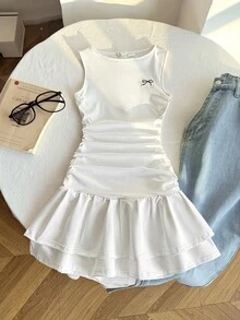 Đầm xòe không tay cổ tròn, xếp ly bên hông, kiểu dáng thanh lịch, thêu nơ, dành cho bé gái tuổi teen, màu trắng. - trắng - Xem 8
