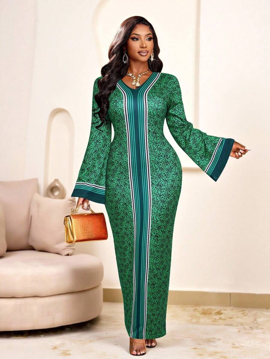 Brilight 女士热带优雅定位印花V领长袖修身连衣裙，适合聚会和派对，南非图案，南非传统服饰，秋季连衣裙，女士连衣裙，优雅派对连衣裙 - 綠色 - 查看 1