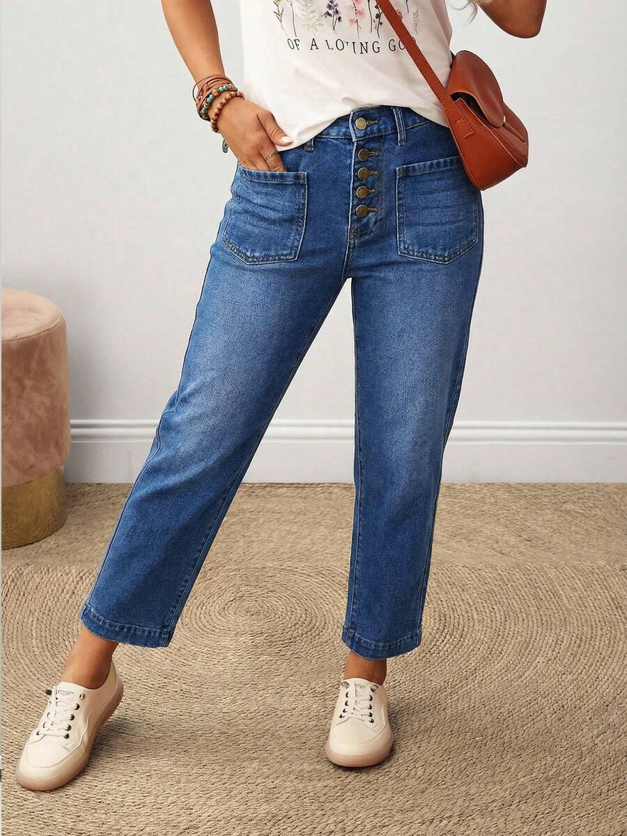 EMERY ROSE 女士纽扣前袋直筒休闲百搭牛仔裤 - 駝色 - 查看 1