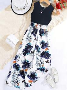 Tween Girl Navy Blue Round Neck Tank Top And Wide Leg Pants Set With Monstera Leaf Print, Summer Vacation Style