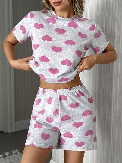 EURMUSE Women Cotton 2pcs Heart Pattern Short Sleeved T-Shirt&Shorts Homewear Comfort Pajama Sets