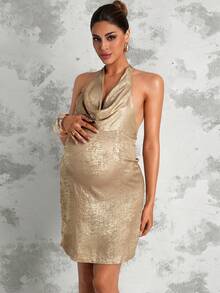 MaterniChic 孕妇深V领系带露背性感度假派对连衣裙 - 金色 - 查看 3