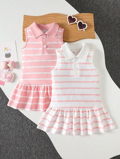SHEIN Playful Pals Girls' Summer Striped Lapel Sleeveless Dress