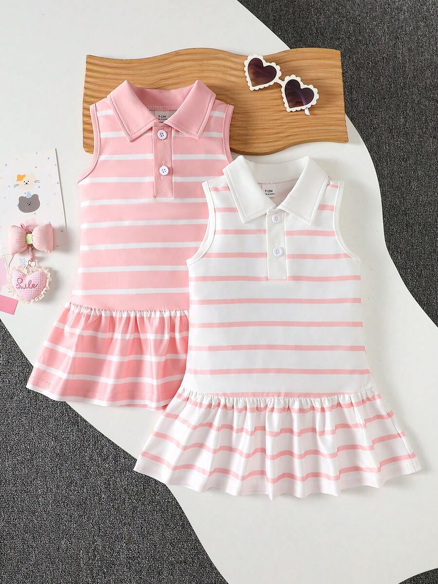 SHEIN Playful Pals 女童夏季条纹翻领无袖连衣裙 - 彩色 - 查看 1