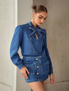 Selenza Elegant Casual Versatile Gold Flower Decor Women Denim Mini Skirt - Medium Wash - View 8