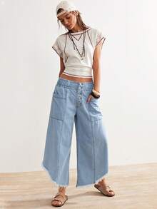 Bohemela 女士休闲纯色梭织宽松七分裤 - 藍色 - 查看 2