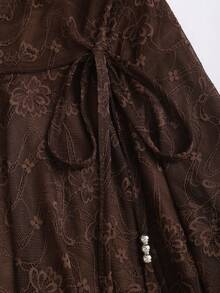 Sweetra 女士万圣节连衣裙、新年装、感恩节连衣裙，适合派对、通勤、日常、旅行、节日穿着，棕色连衣裙，腰部荷叶边，银色珠饰，抽绳系带，蕾丝不对称下摆A字迷你连衣裙 - 棕色 - 查看 4