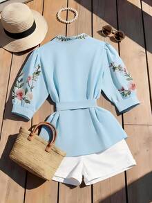 SHEIN Franclia 女士优雅印花腰带蝴蝶结衬衫 - 彩色 - 查看 2